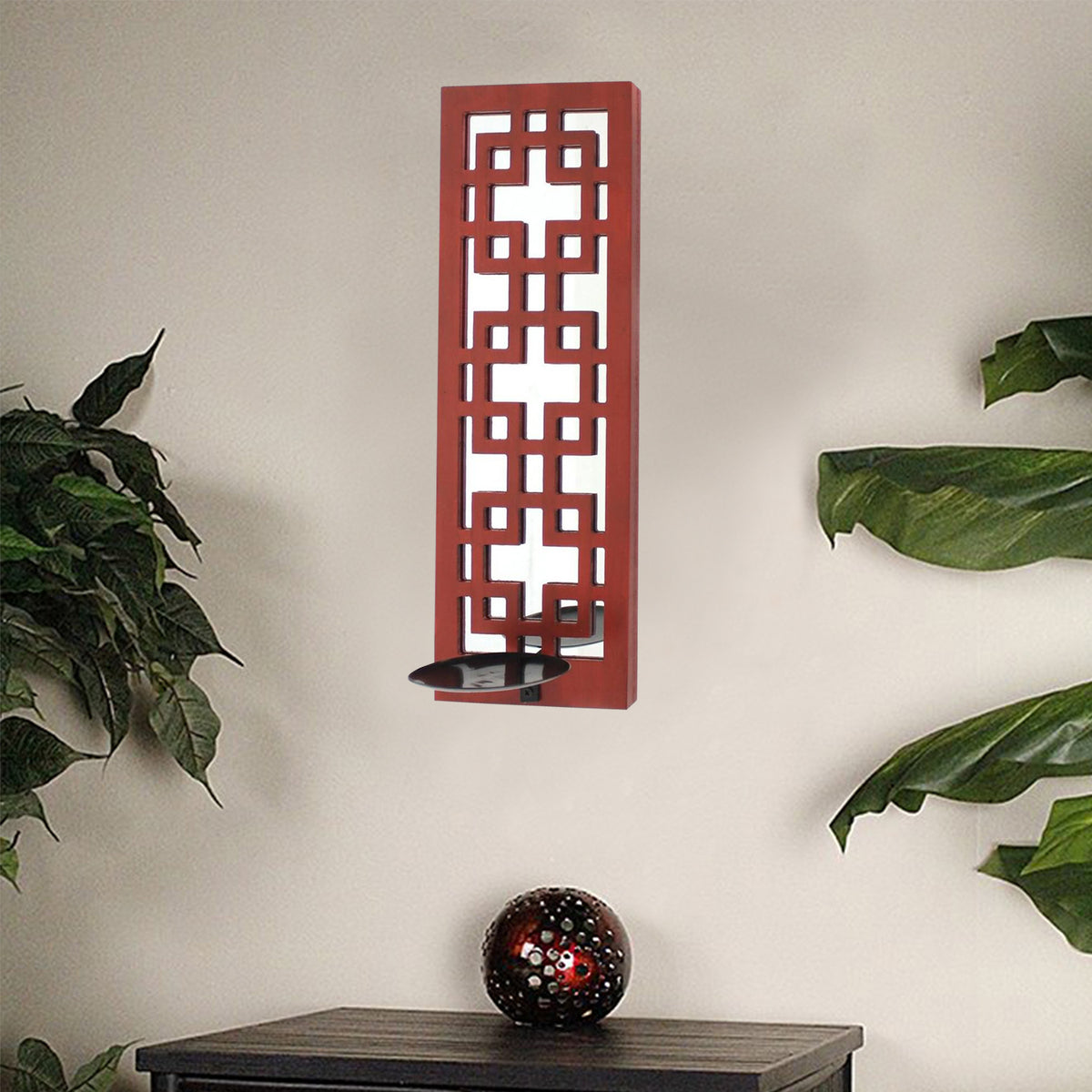 17" X 6" X 5" Red, Vintage Wood, Lattice Mirror - Candle Holder Sconce