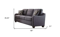 69" Gray Linen Sofa And Toss Pillows With Dark Brown Legs