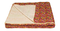 50" X 70" Maroon Yellow and Green Kantha Cotton Floral Throw Blanket with Embroidery