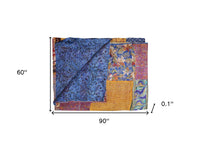 60" X 90" Blue and Yellow Kantha Cotton Patchwork Throw Blanket with Embroidery