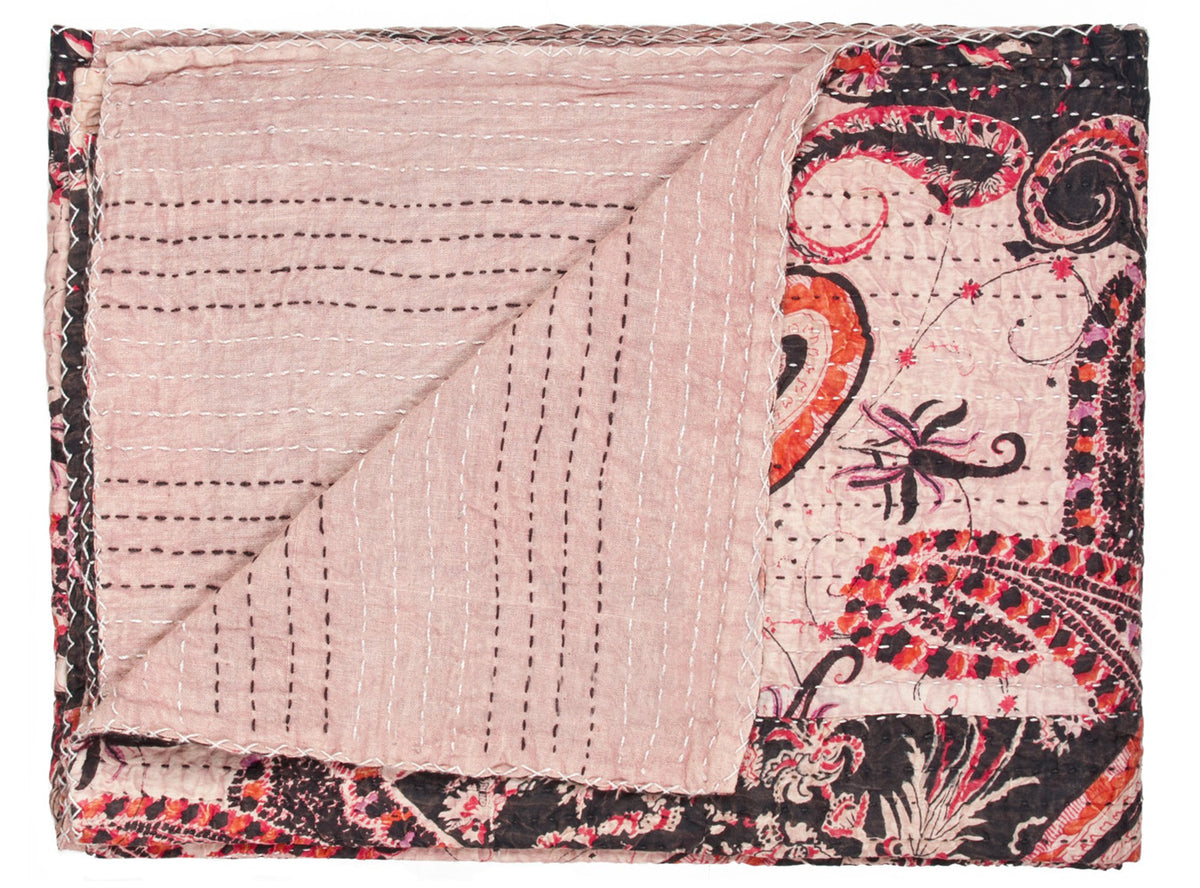 50" X 70" Pink and Black Kantha Cotton Abstract Throw Blanket with Embroidery