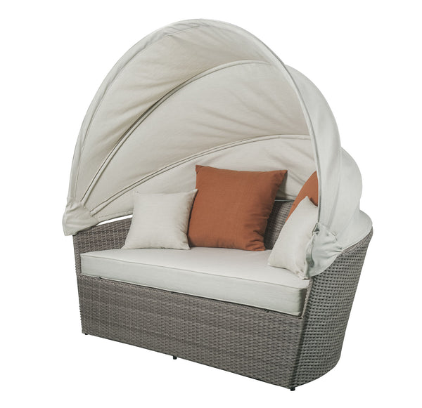 Set Of Two Beige Fabric And Gray Wicker Patio Canopy Daybed