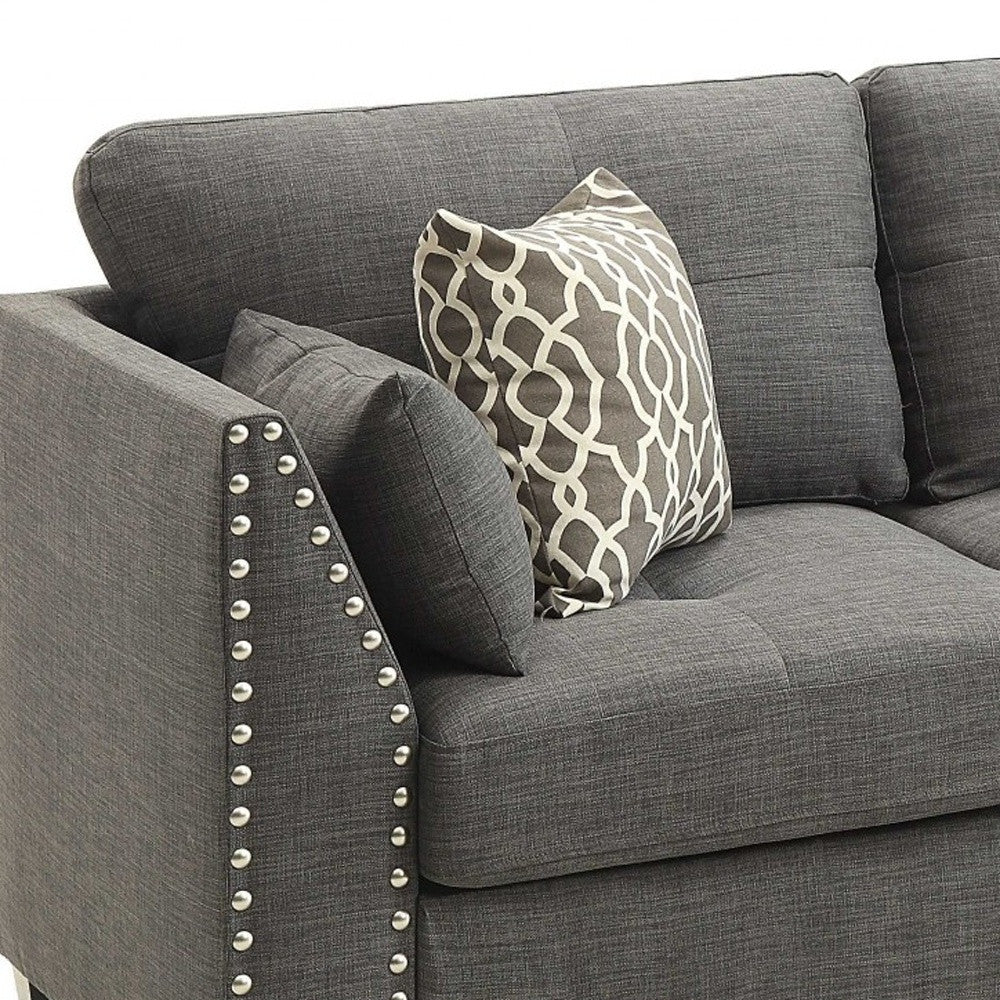 81" Charcoal Linen Sofa And Toss Pillows With Dark Brown Legs