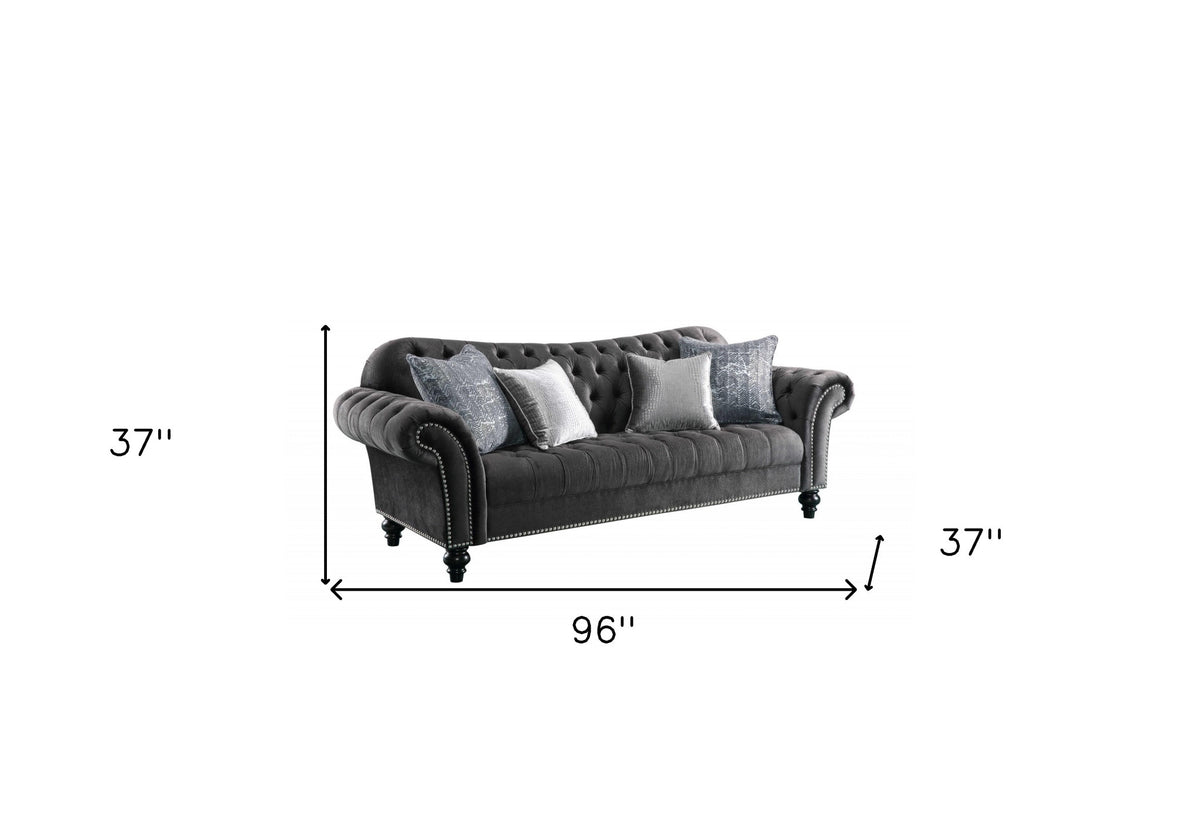 96" Dark Gray Velvet Chesterfield Sofa And Toss Pillows With Black Legs