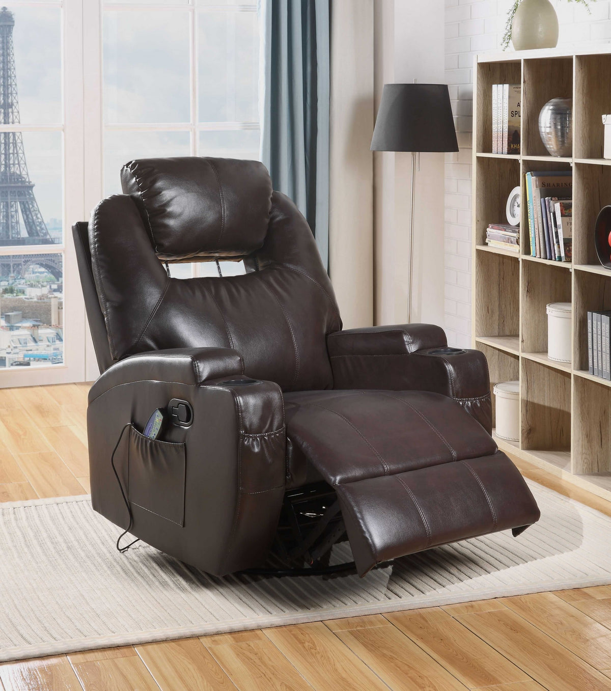 34" Black Leather Match Power Heated Massage Recliner