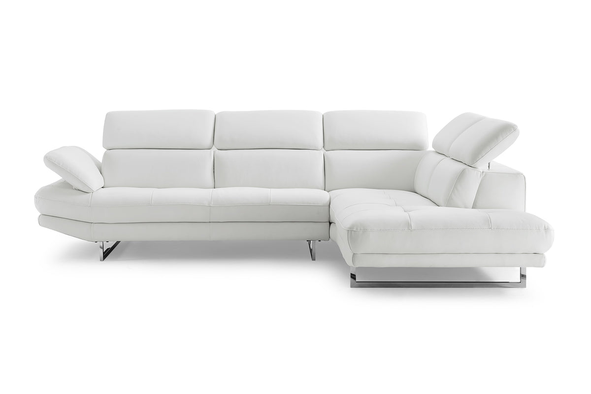 111" White Top Grain Leather Sofa Chaise With Silver Legs