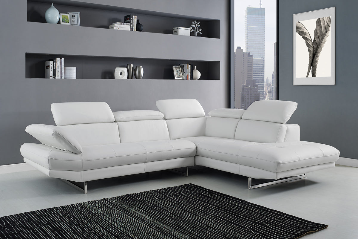 111" White Top Grain Leather Sofa Chaise With Silver Legs