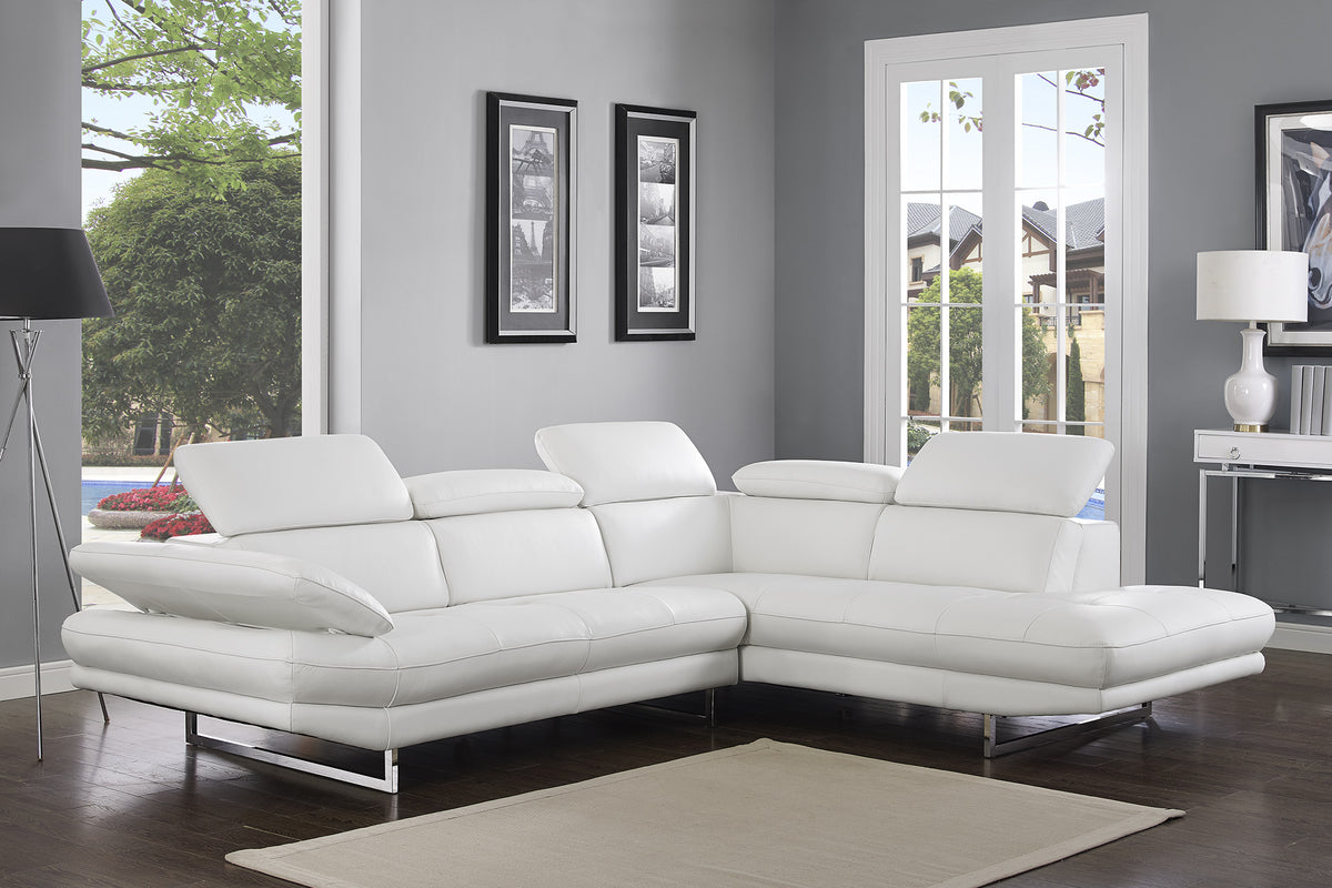 111" White Top Grain Leather Sofa Chaise With Silver Legs