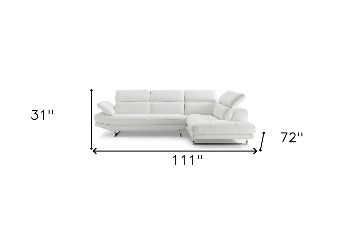 111" White Top Grain Leather Sofa Chaise With Silver Legs