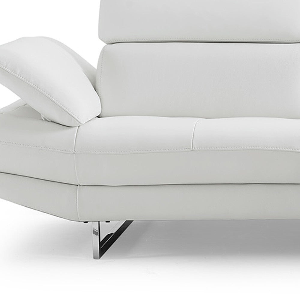 111" White Top Grain Leather Sofa Chaise With Silver Legs