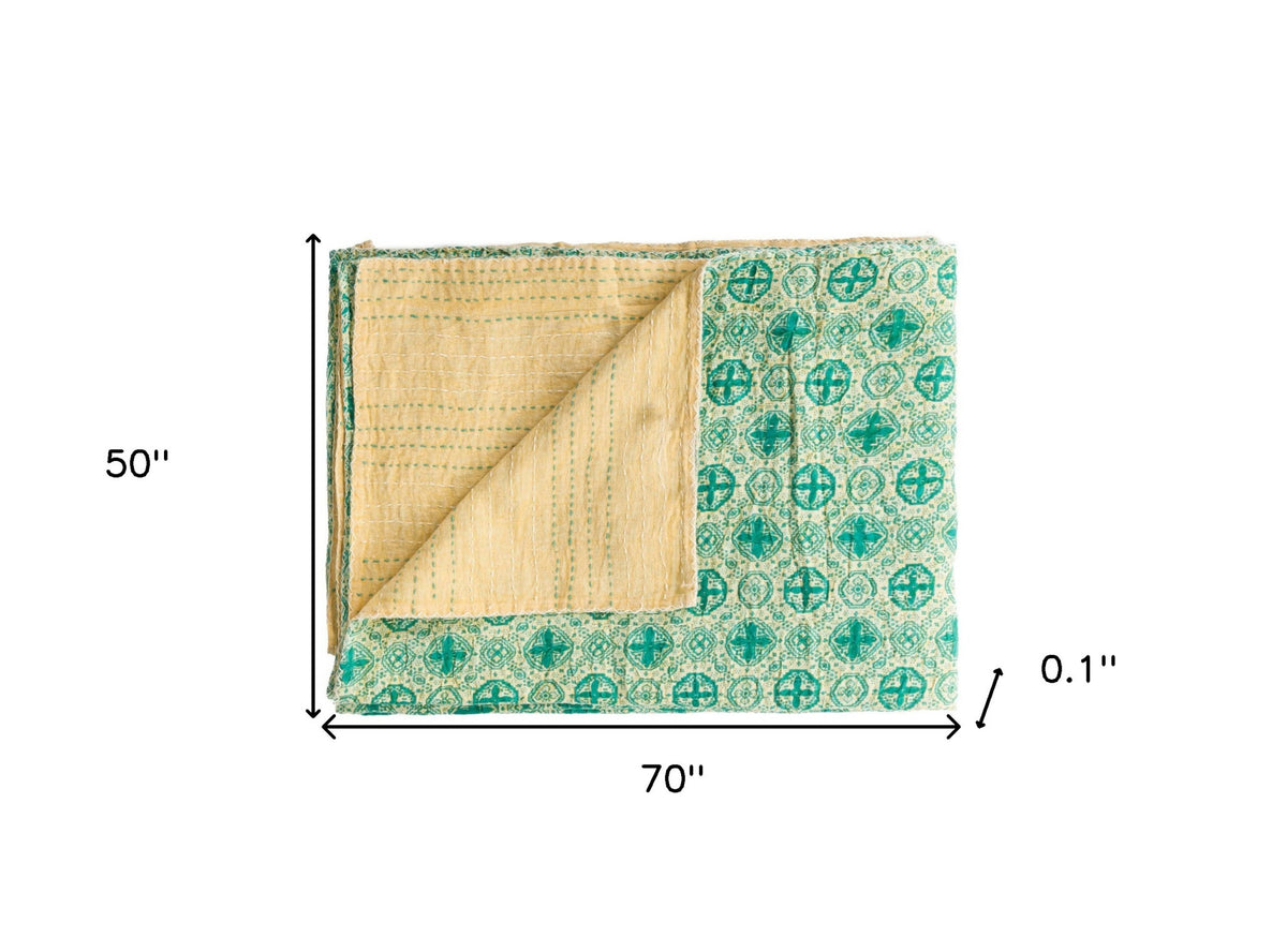 50" X 70" Green and Ivory Kantha Cotton Geometric Throw Blanket with Embroidery