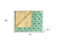 50" X 70" Green and Ivory Kantha Cotton Geometric Throw Blanket with Embroidery