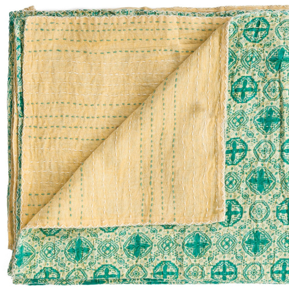 50" X 70" Green and Ivory Kantha Cotton Geometric Throw Blanket with Embroidery