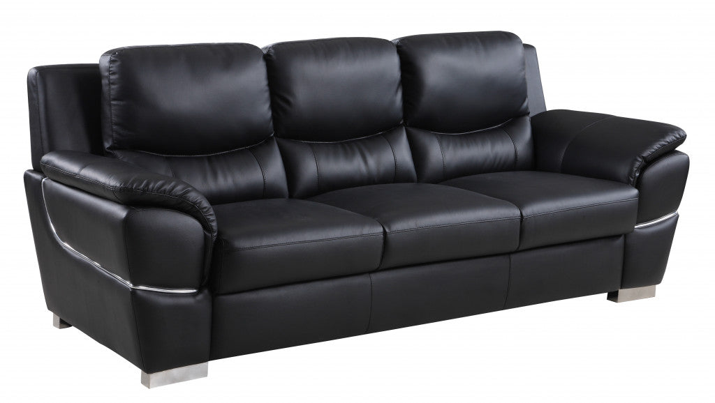 85" Black Leather Sofa With Silver Legs