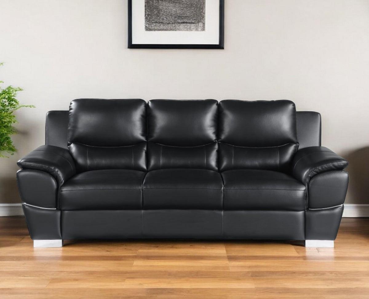 85" Black Leather Sofa With Silver Legs