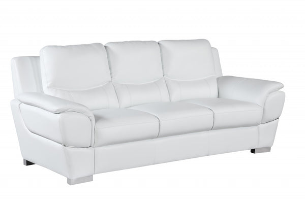 85" White Leather Sofa With Silver Legs