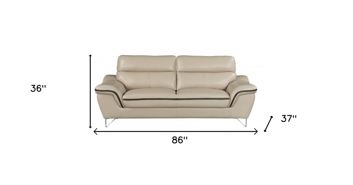 86" Beige Leather Sofa With Silver Legs