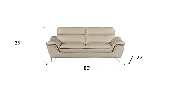 86" Beige Leather Sofa With Silver Legs