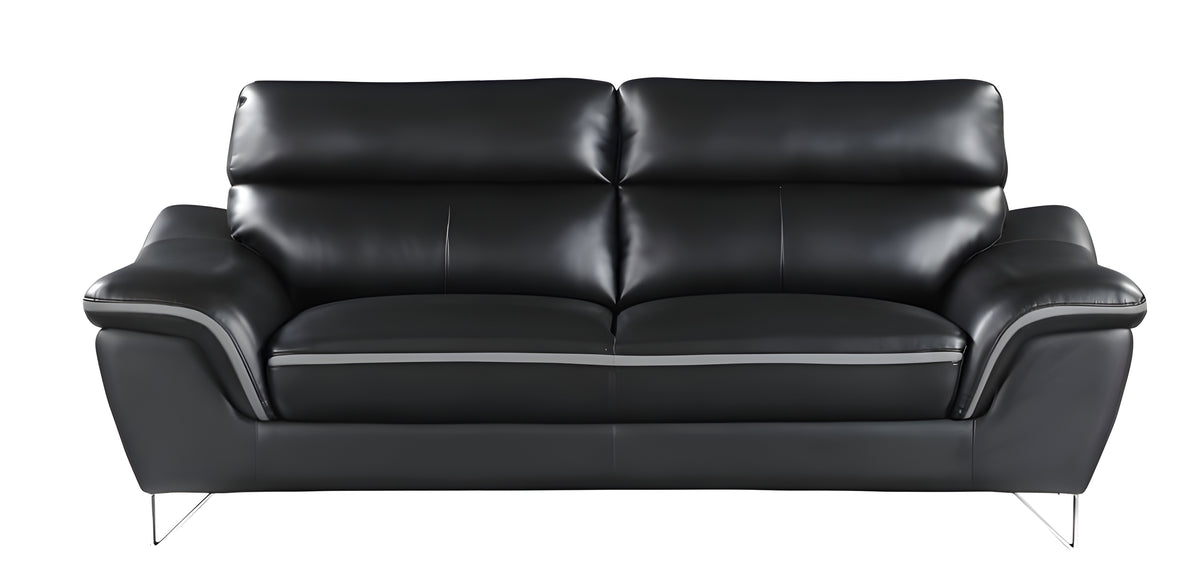 86" Black Leather Sofa With Silver Legs