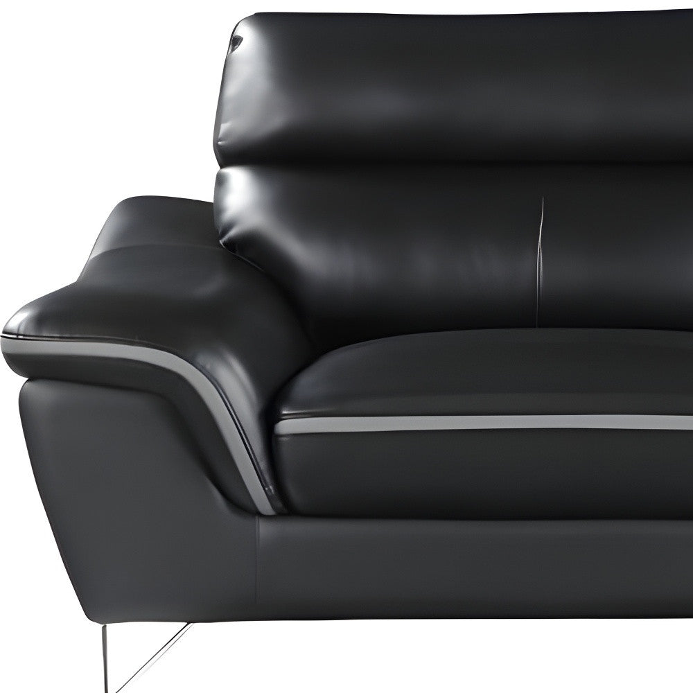 86" Black Leather Sofa With Silver Legs