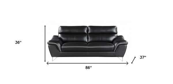 86" Black Leather Sofa With Silver Legs