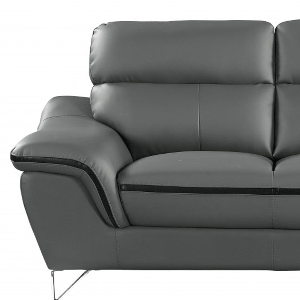 86" Gray Leather Sofa With Silver Legs