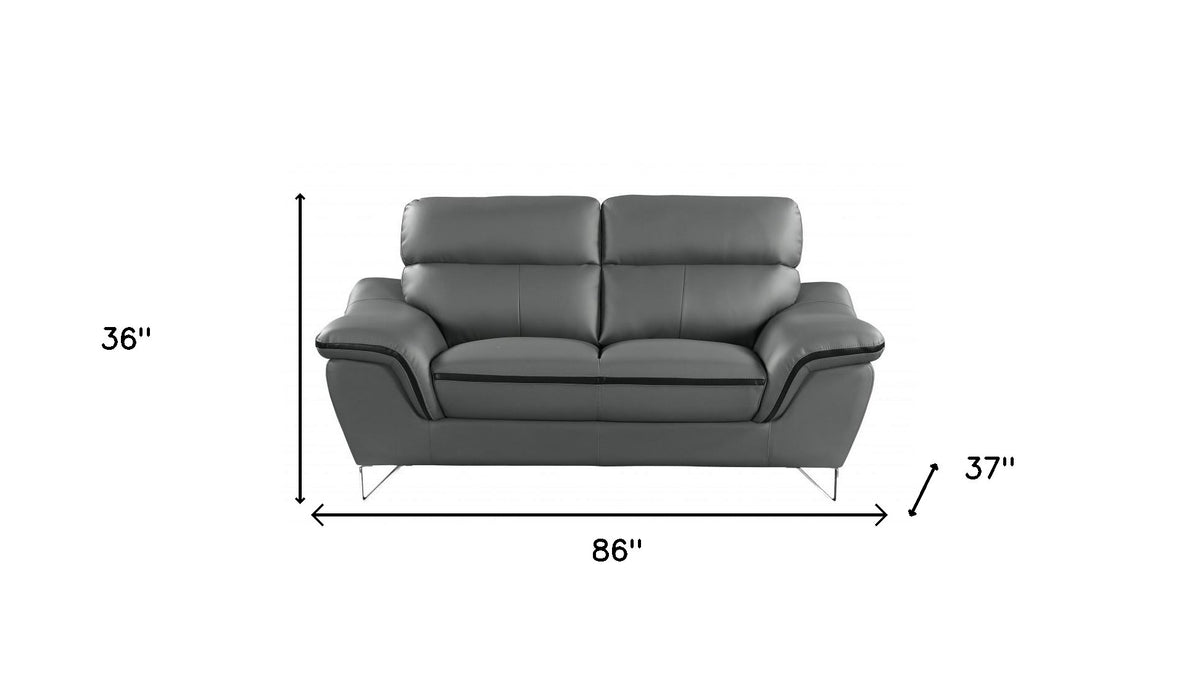 86" Gray Leather Sofa With Silver Legs