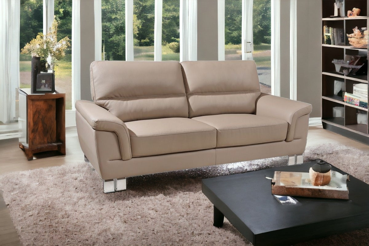 82" Beige Faux Leather Sofa With Silver Legs