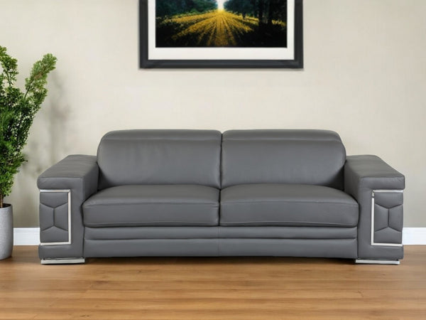 89" Gray Italian Leather Sofa With Silver Legs