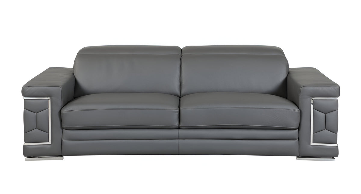 89" Gray Italian Leather Sofa With Silver Legs