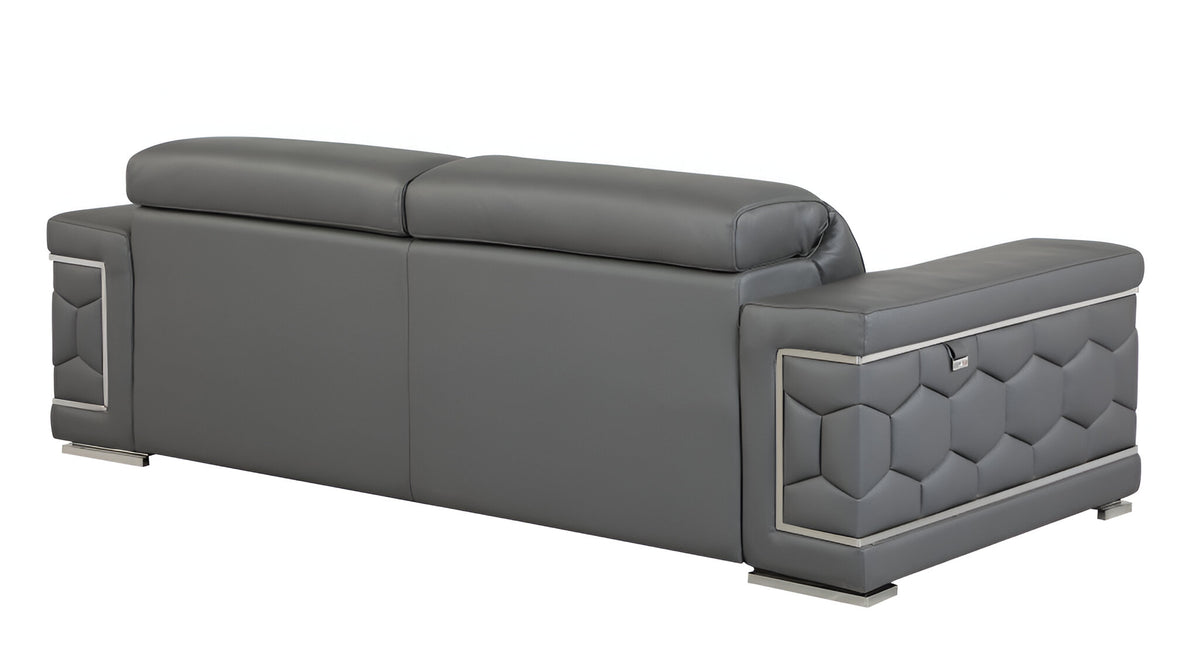 89" Gray Italian Leather Sofa With Silver Legs