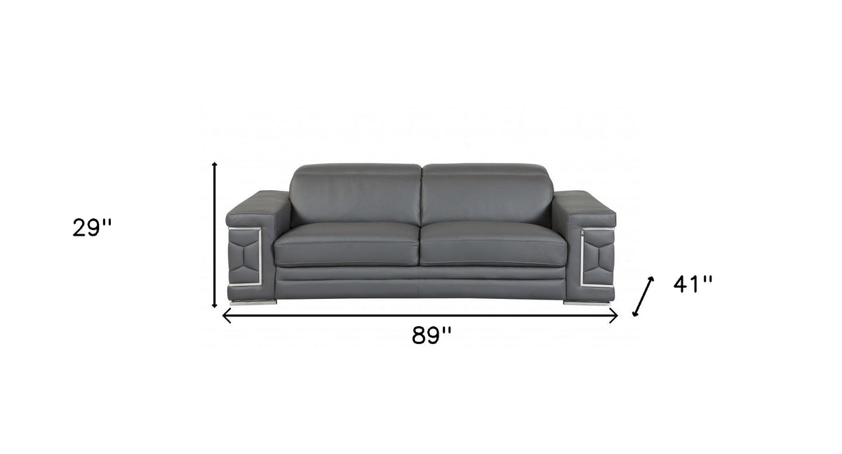 89" Gray Italian Leather Sofa With Silver Legs