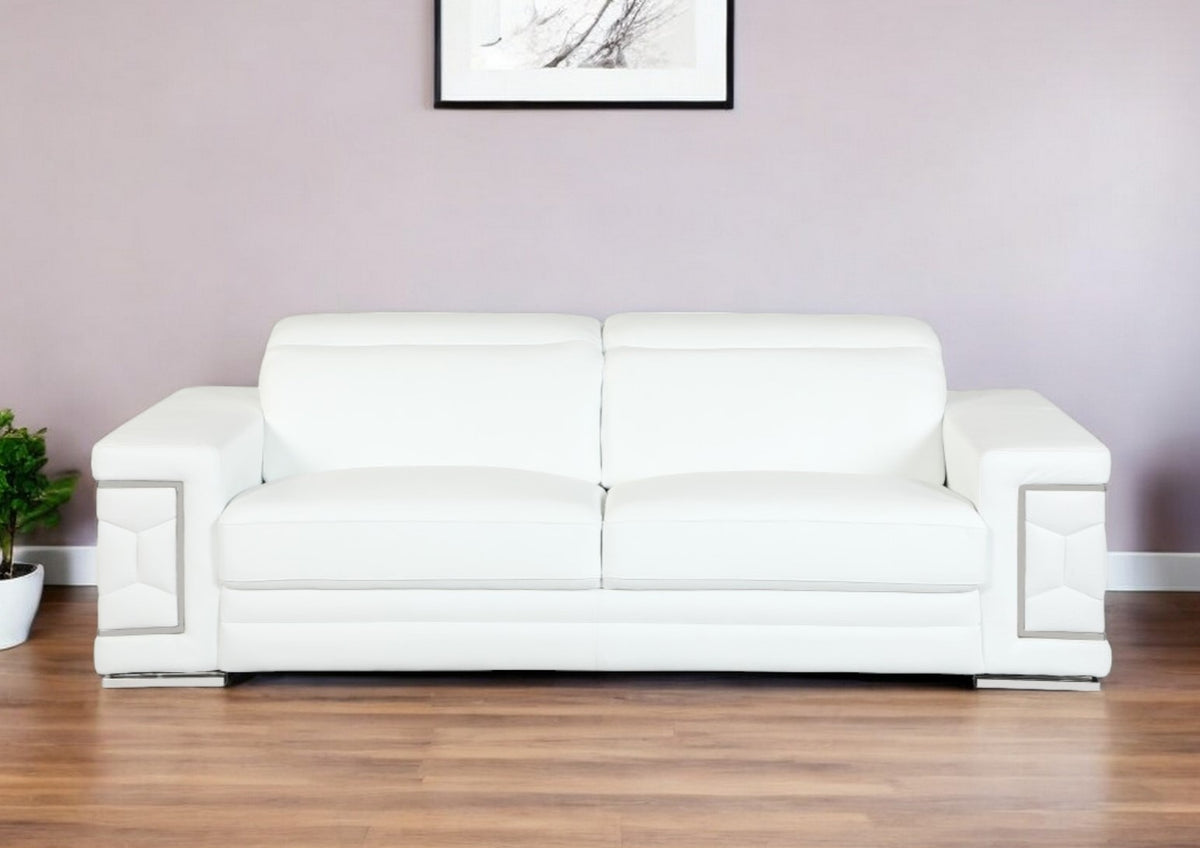 89" White Italian Leather Sofa With Silver Legs