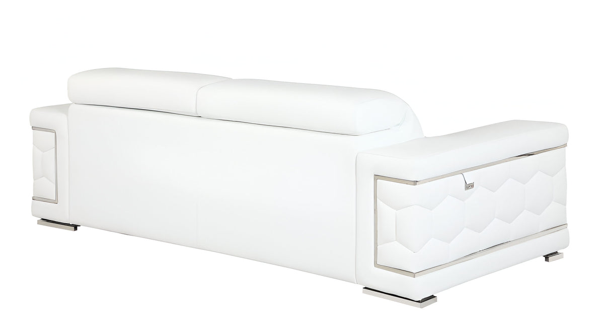 89" White Italian Leather Sofa With Silver Legs