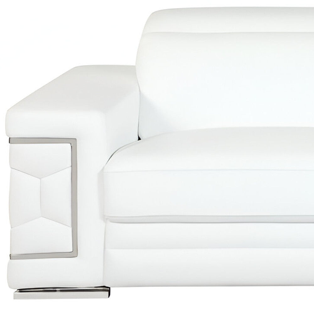 89" White Italian Leather Sofa With Silver Legs