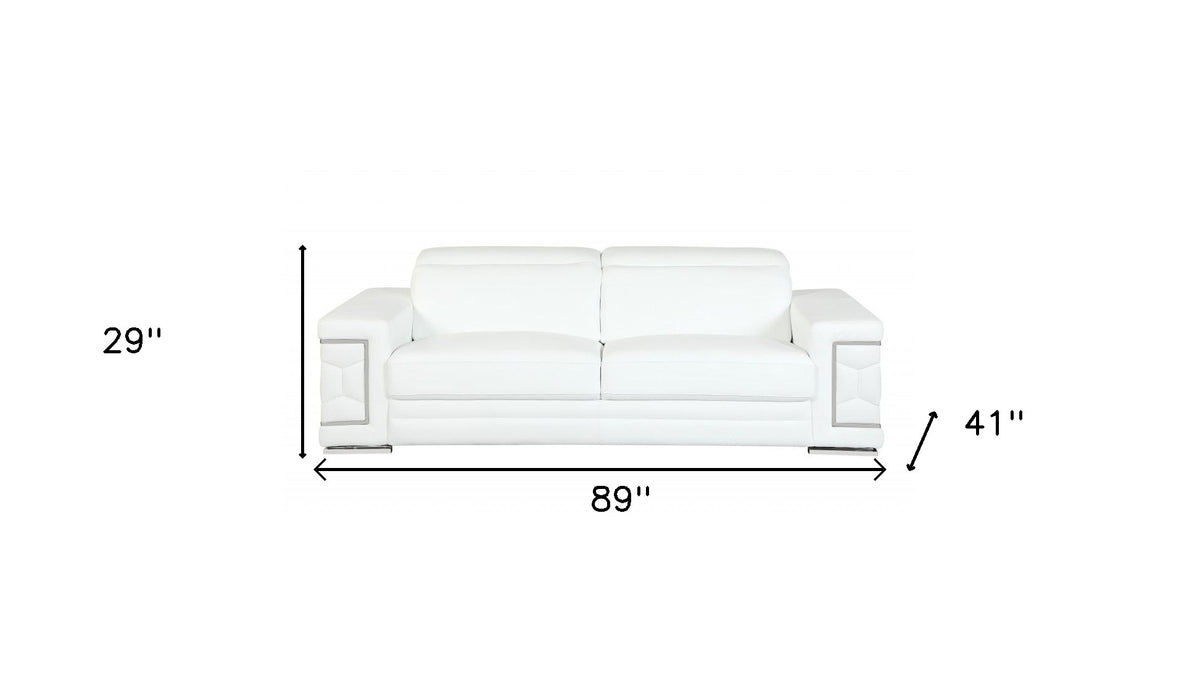 89" White Italian Leather Sofa With Silver Legs