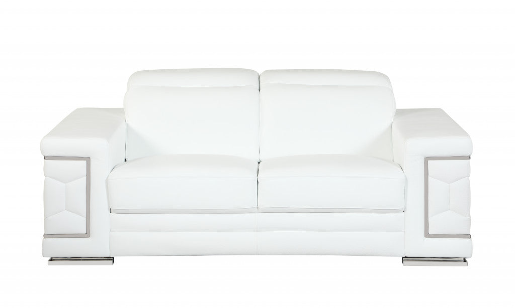 89" White Italian Leather Sofa With Silver Legs