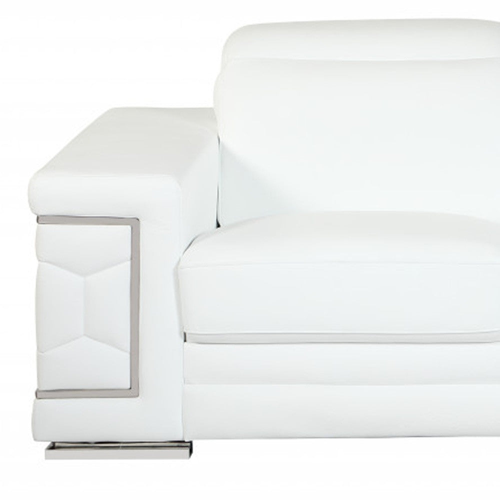 89" White Italian Leather Sofa With Silver Legs