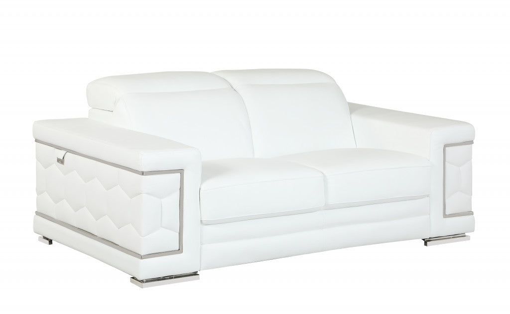 89" White Italian Leather Sofa With Silver Legs