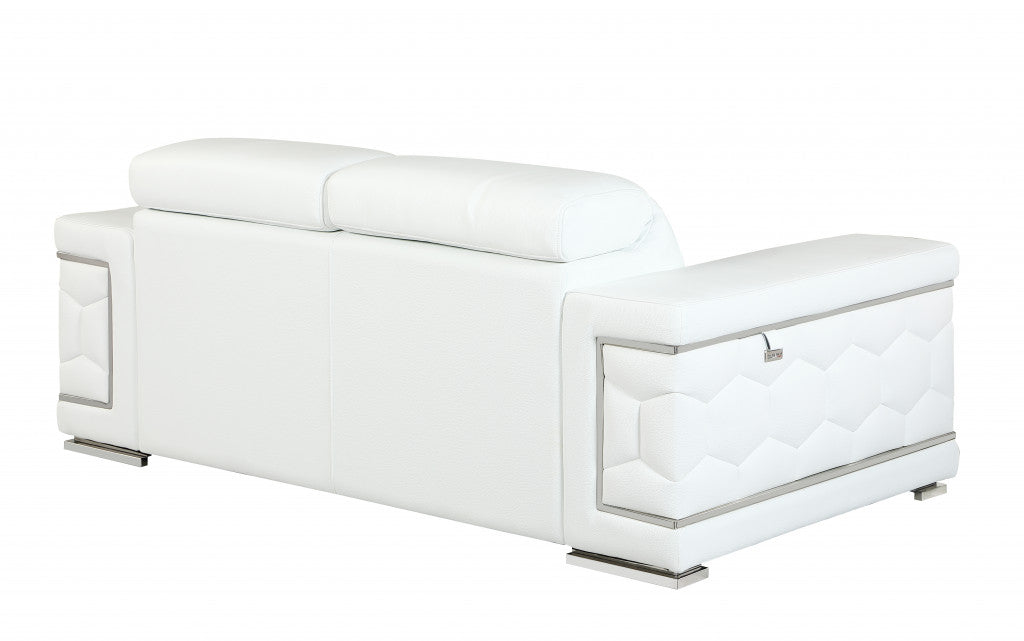 89" White Italian Leather Sofa With Silver Legs