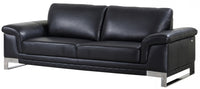 90" Black Italian Leather Sofa With Silver Legs