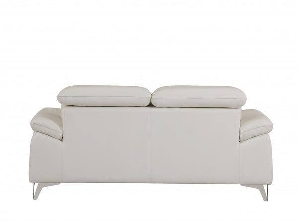 87" White Italian Leather Sofa With Silver Legs