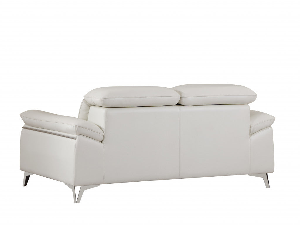 87" White Italian Leather Sofa With Silver Legs