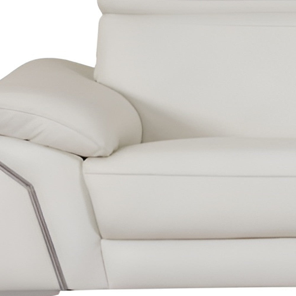 87" White Italian Leather Sofa With Silver Legs