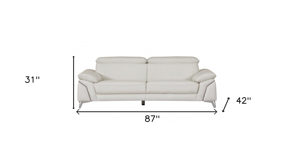 87" White Italian Leather Sofa With Silver Legs