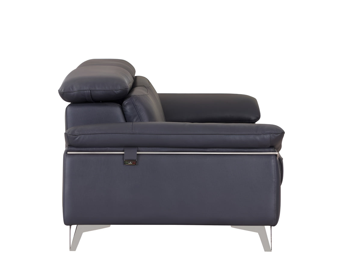 87" Blue Italian Leather Sofa With Silver Legs