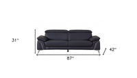 87" Blue Italian Leather Sofa With Silver Legs