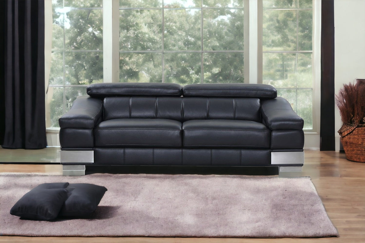 92" Black Italian Leather Sofa With Silver Legs