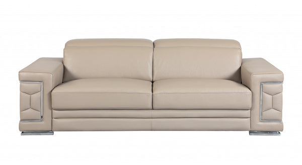 89" Beige Italian Leather Sofa With Silver Legs