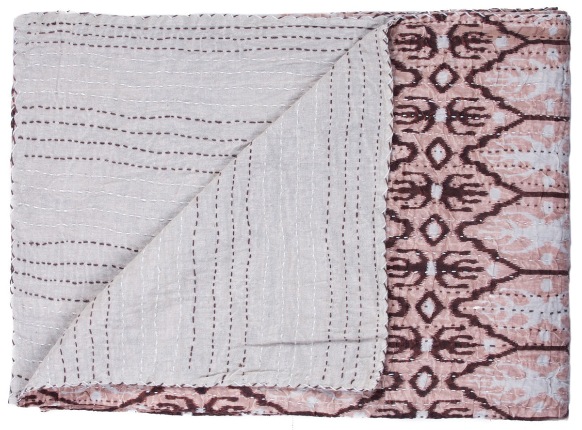 50" X 70" Pink and Brown Kantha Cotton Abstract Throw Blanket with Embroidery